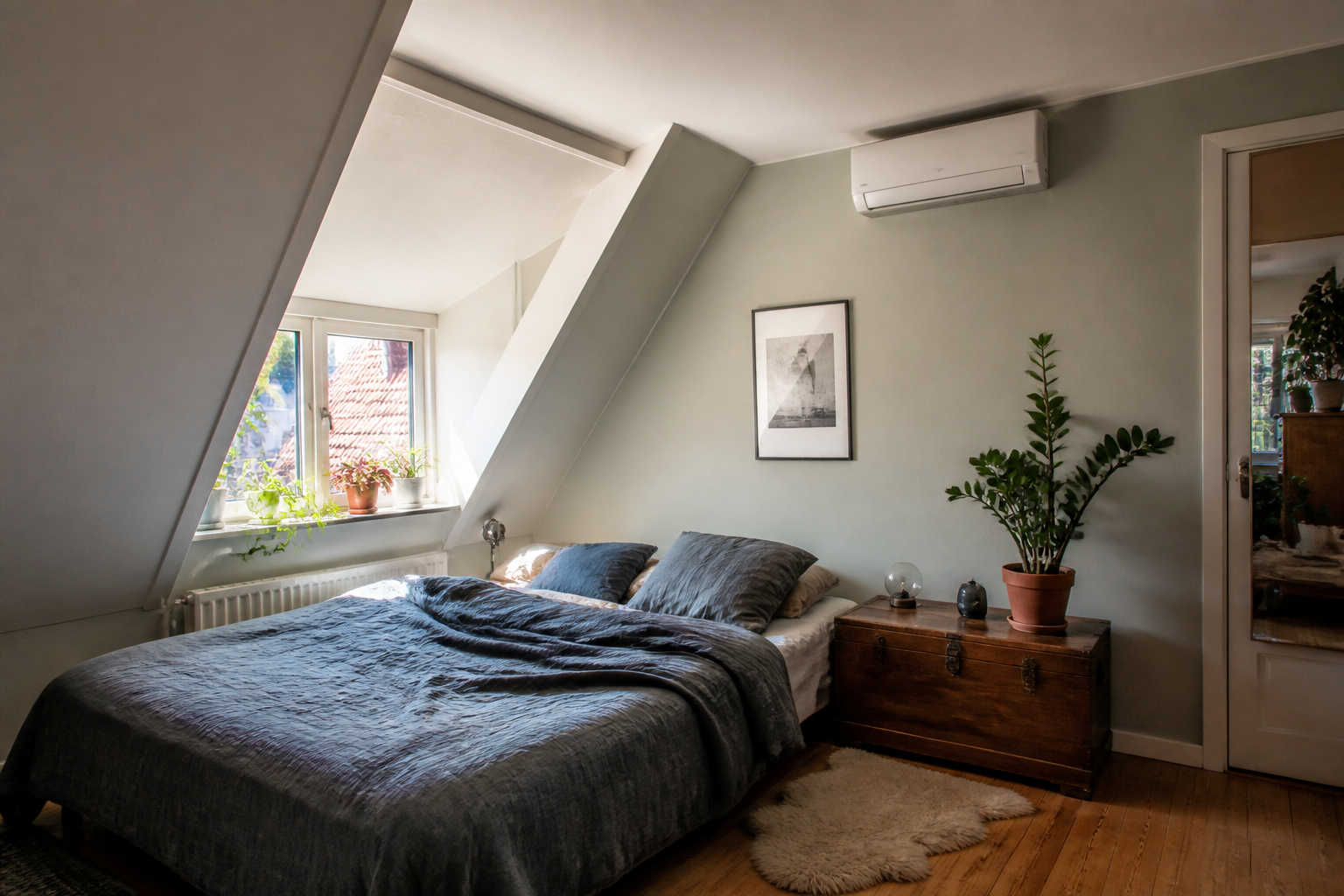 Sfeerbeeld: slaapkamer onder schuin dak met één binnenunit