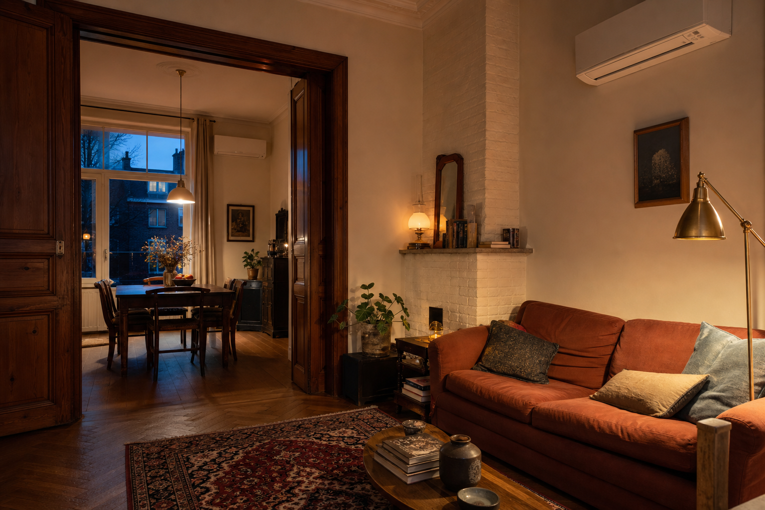 Sfeerbeeld: woonkamer in een tussenwoning met twee binnenunits